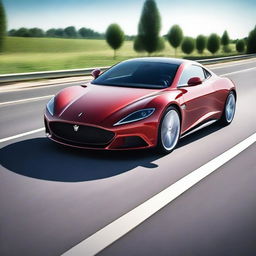 A beautiful and fast car, sleek and modern with an aerodynamic design, speeding down a highway with a blurred background to emphasize its speed