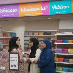 A well-lit hijab shop with a nameplate reading 'Hijabistan4u' at the top. Three happy hijabi women are browsing the various colorful hijabs available.