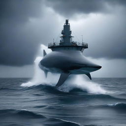 A semi-submersible research station on the surface of the ocean during a storm