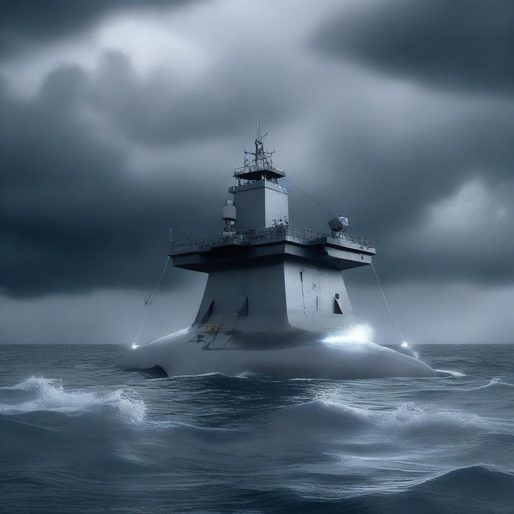 A semi-submersible research station on the surface of the ocean during a storm