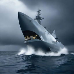 A semi-submersible research station on the surface of the ocean during a storm