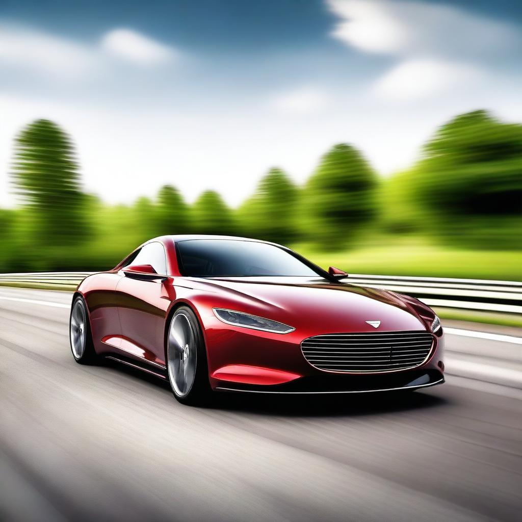 A beautiful and fast car, sleek and modern with an aerodynamic design, speeding down a highway with a blurred background to emphasize its speed