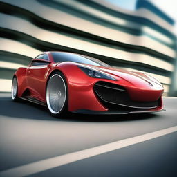 A beautiful and fast car, sleek and modern with an aerodynamic design, speeding down a highway with a blurred background to emphasize its speed