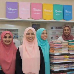 A well-lit hijab shop with a nameplate reading 'Hijabistan4u' at the top. Three happy hijabi women are browsing the various colorful hijabs available.