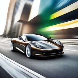 A beautiful and fast car, sleek and modern with an aerodynamic design, speeding down a highway with a blurred background to emphasize its speed