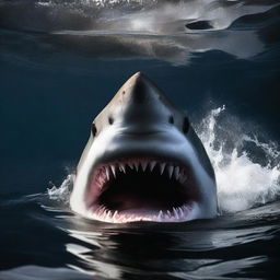 A great white shark emerging from dark water