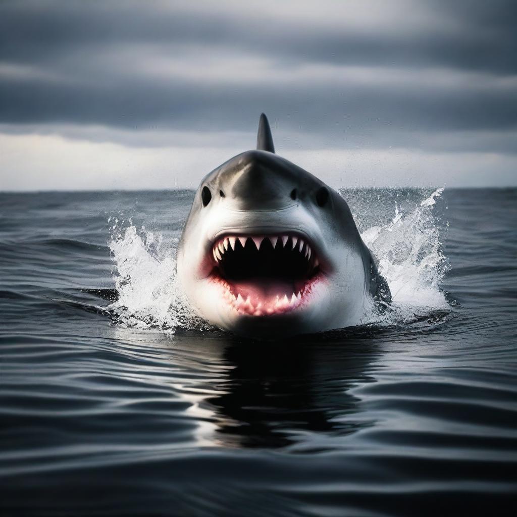 A great white shark emerging from dark water