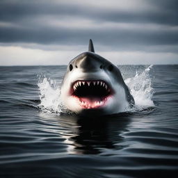 A great white shark emerging from dark water