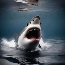 A great white shark emerging from dark water