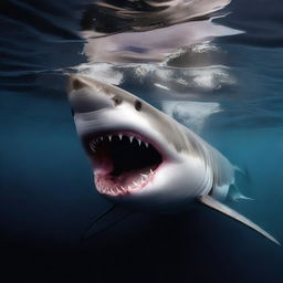 A great white shark emerging from dark water