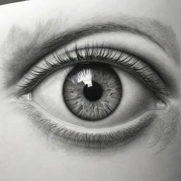 A carefully drawn pencil sketch of an eye at the center of the page, with intricate detailing of the iris and pupil. Radiating vibrant light rays swirl out from the pupil, creating a cosmic theme. Within the pupil, the phrase 'Dispersion of Light' is elegantly written.