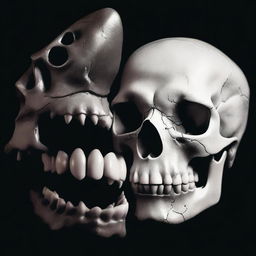 A detailed image of a human skull and the jaws of a shark placed next to each other on a black background