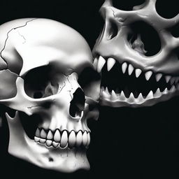 A detailed image of a human skull and the jaws of a shark placed next to each other on a black background