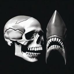 A detailed image of a human skull and the jaws of a shark placed next to each other on a black background