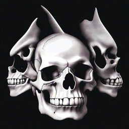 A detailed image of a human skull and the jaws of a shark placed next to each other on a black background