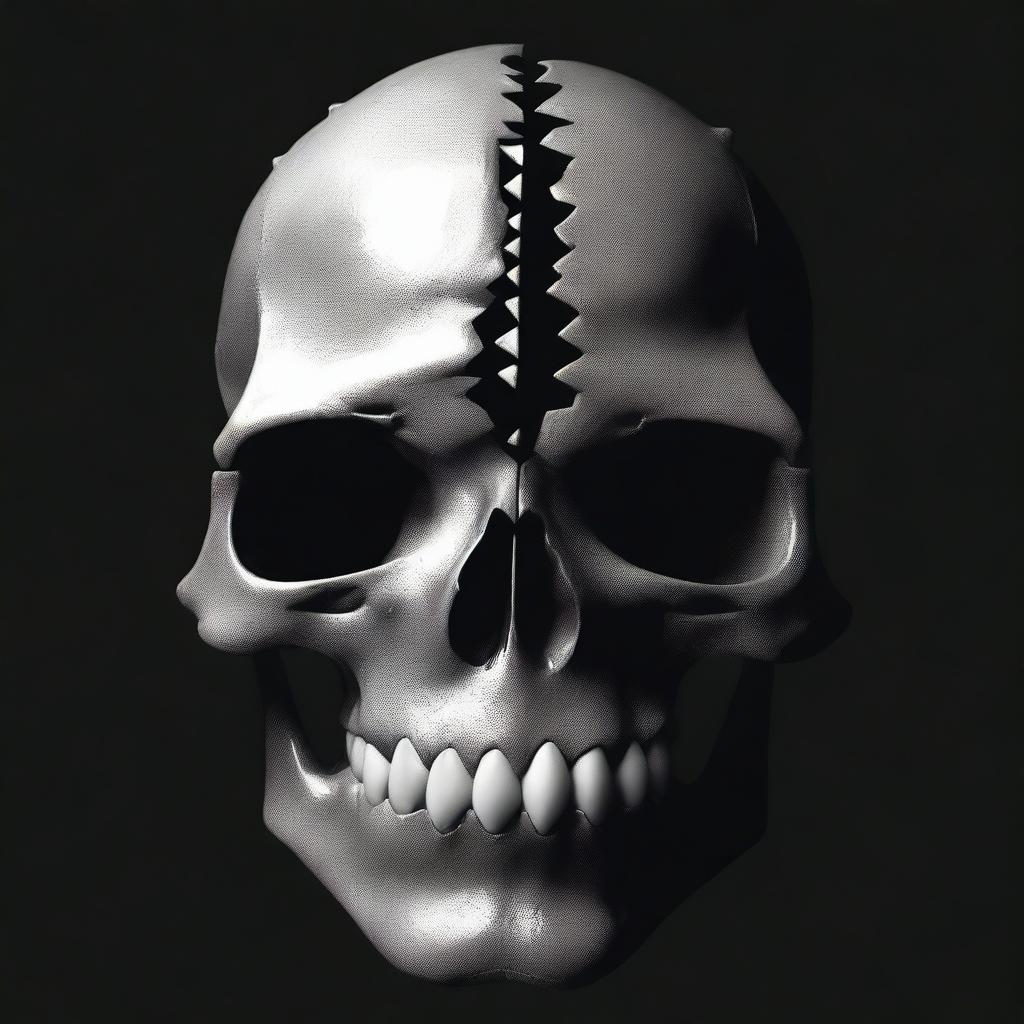 A surreal image depicting a human skull gradually transforming into the jaws of a shark, set against a black background