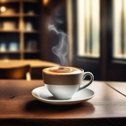 A beautifully crafted image of a steaming cup of coffee on a wooden table