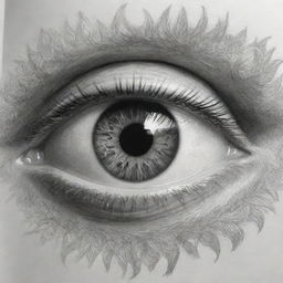 A carefully drawn pencil sketch of an eye at the center of the page, with intricate detailing of the iris and pupil. Radiating vibrant light rays swirl out from the pupil, creating a cosmic theme. Within the pupil, the phrase 'Dispersion of Light' is elegantly written.