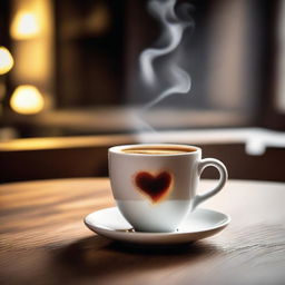 A beautifully crafted image of a steaming cup of coffee on a wooden table