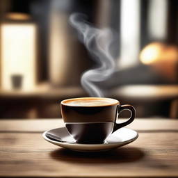 A beautifully crafted image of a steaming cup of coffee on a wooden table