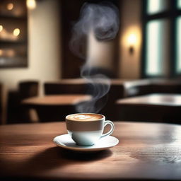 A beautifully crafted image of a steaming cup of coffee on a wooden table