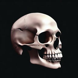 A realistic profile view of a human skull that resembles the jaws of a shark, set against a black background