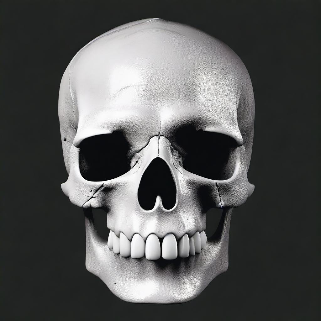 A realistic profile view of a human skull that resembles the jaws of a shark, set against a black background