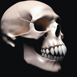 A realistic profile view of a human skull that resembles the jaws of a shark, set against a black background