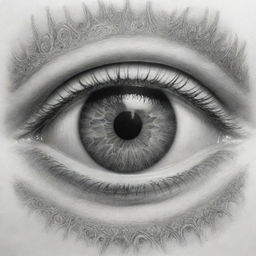 A carefully drawn pencil sketch of an eye at the center of the page, with intricate detailing of the iris and pupil. Radiating vibrant light rays swirl out from the pupil, creating a cosmic theme. Within the pupil, the phrase 'Dispersion of Light' is elegantly written.