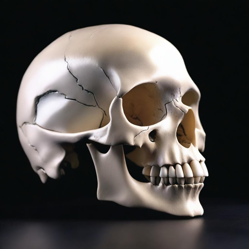 A realistic profile view of a human skull alongside the skeleton of a great white shark, set against a black background