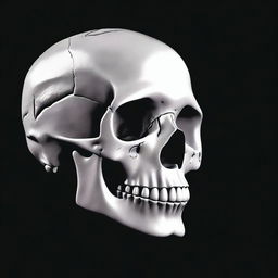 A realistic profile view of a human skull alongside the skeleton of a great white shark, set against a black background