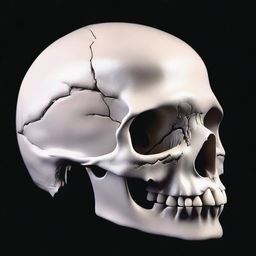 A realistic profile view of a human skull alongside the skeleton of a great white shark, set against a black background