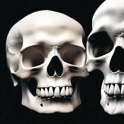 A realistic profile view of a human skull alongside the skeleton of a great white shark, set against a black background