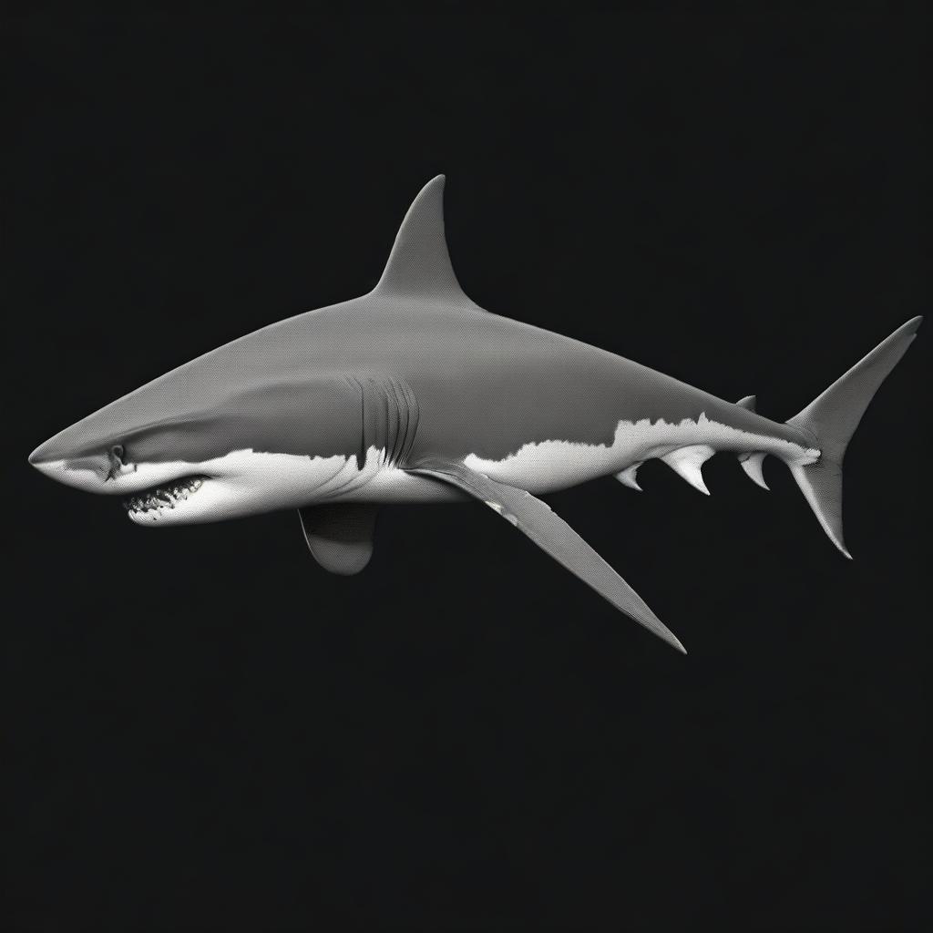 A realistic depiction of the skeleton of a great white shark, set against a black background