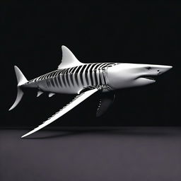 A realistic depiction of the skeleton of a great white shark, set against a black background