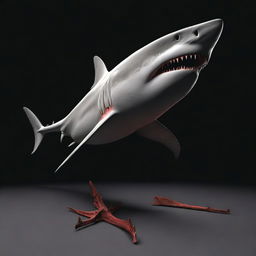 A realistic depiction of the skeleton of a great white shark, set against a black background