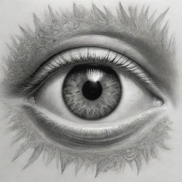 A carefully drawn pencil sketch of an eye at the center of the page, with intricate detailing of the iris and pupil. Radiating vibrant light rays swirl out from the pupil, creating a cosmic theme. Within the pupil, the phrase 'Dispersion of Light' is elegantly written.