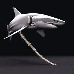 A realistic depiction of the skeleton of a great white shark, set against a black background