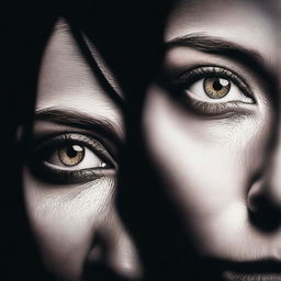 A pair of female eyes staring out from the darkness