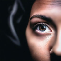 A pair of female eyes staring out from the darkness