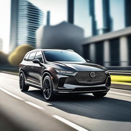 A beautiful and fast SUV, sleek and modern with an aerodynamic design, speeding down a highway with a blurred background to emphasize its speed