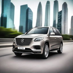 A beautiful and fast SUV, sleek and modern with an aerodynamic design, speeding down a highway with a blurred background to emphasize its speed