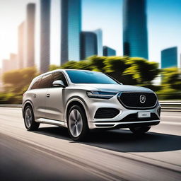 A beautiful and fast SUV, sleek and modern with an aerodynamic design, speeding down a highway with a blurred background to emphasize its speed