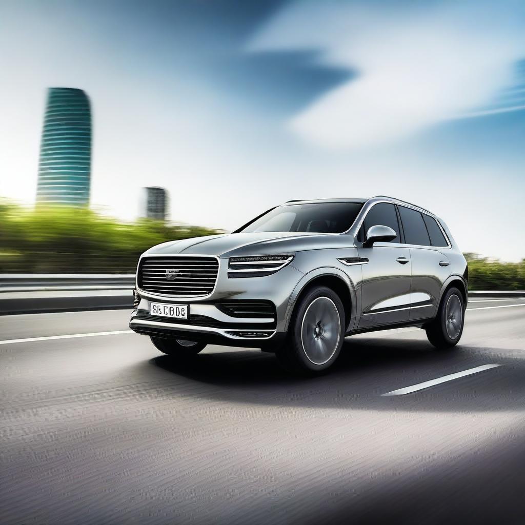 A beautiful and fast SUV, sleek and modern with an aerodynamic design, speeding down a highway with a blurred background to emphasize its speed