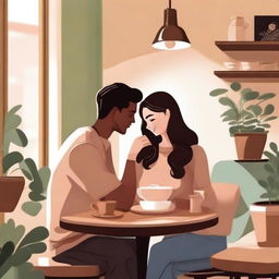 A cozy and romantic cafe scene featuring a couple enjoying their time together