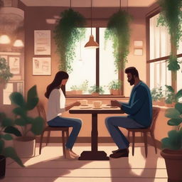 A cozy and romantic cafe scene featuring a couple enjoying their time together