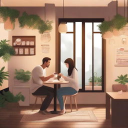 A cozy and romantic cafe scene featuring a couple enjoying their time together