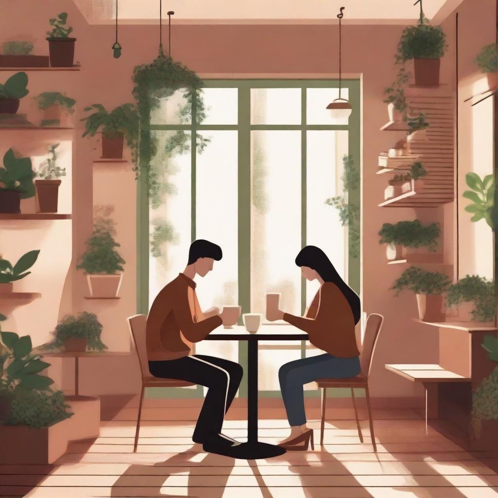 A cozy and romantic cafe scene featuring a couple enjoying their time together