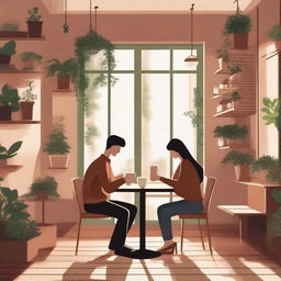 A cozy and romantic cafe scene featuring a couple enjoying their time together