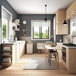 Design an interior of a room featuring a kitchen area and two beds